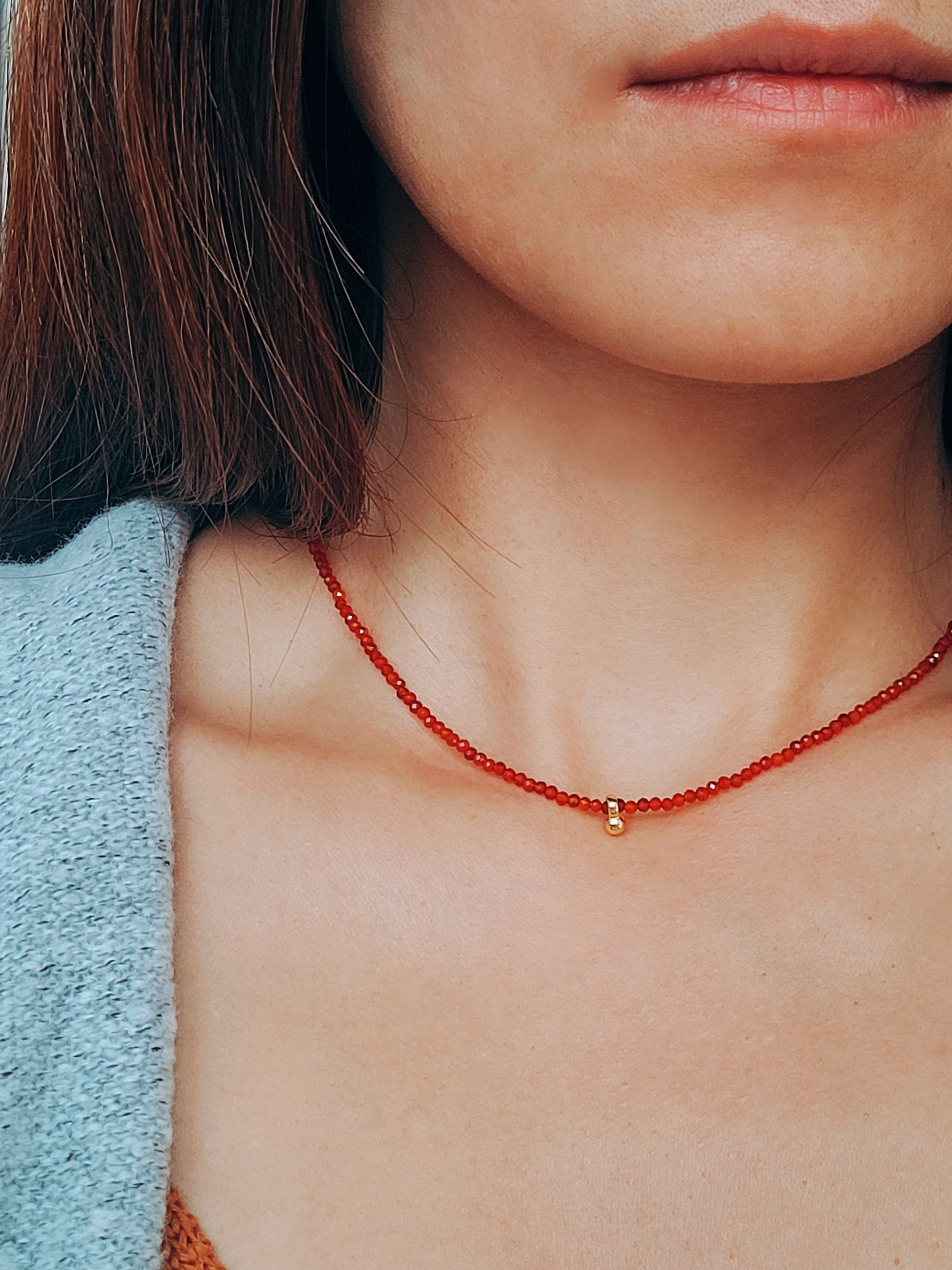 Dainty Red Agate Beaded Choker Necklace with a small gold charm, minimalist jewelry design. Valentines day gift for her.