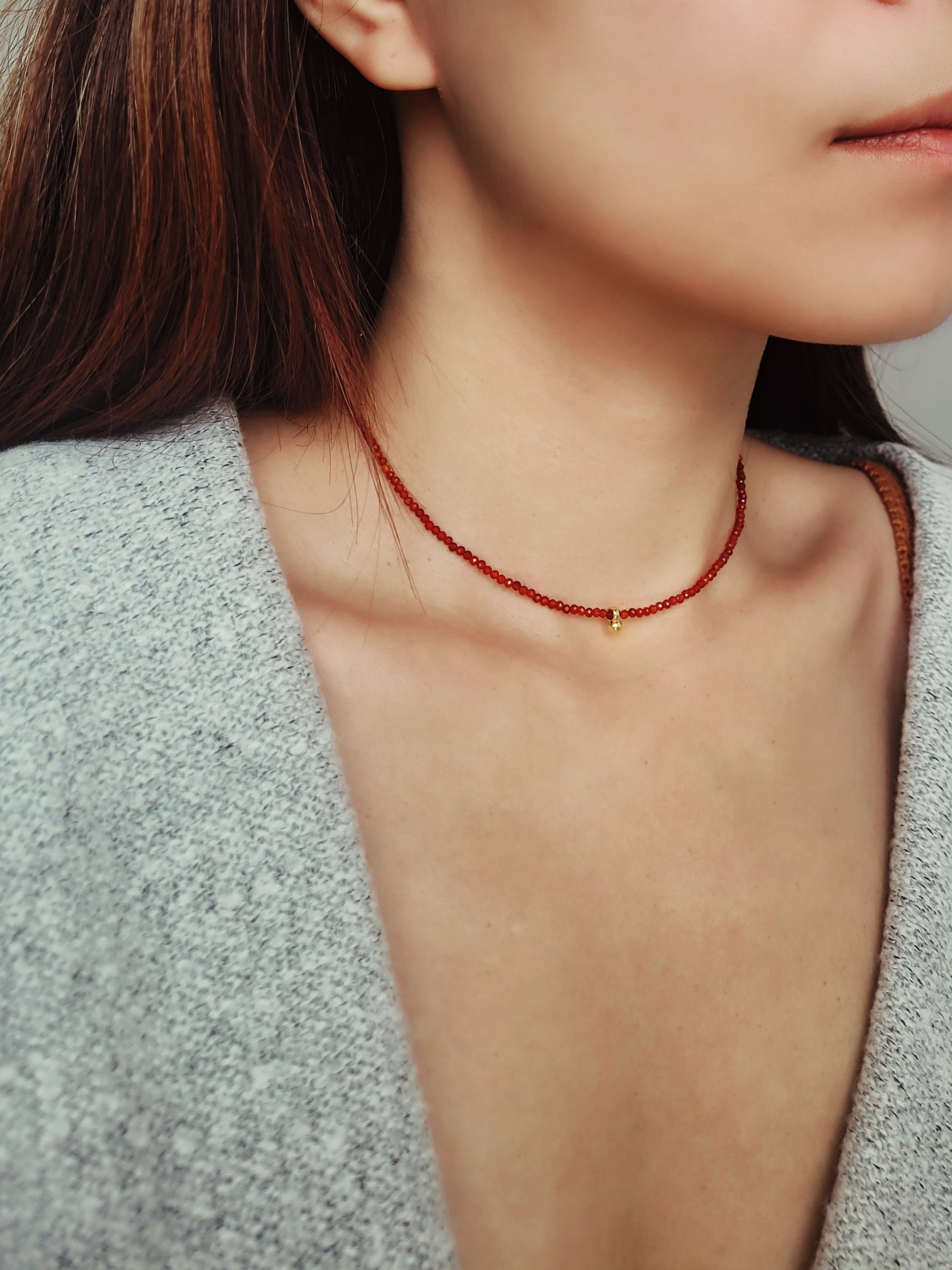 Dainty Red Agate Beaded Choker Necklace with a small gold charm, minimalist jewelry design. Valentines day gift for her.