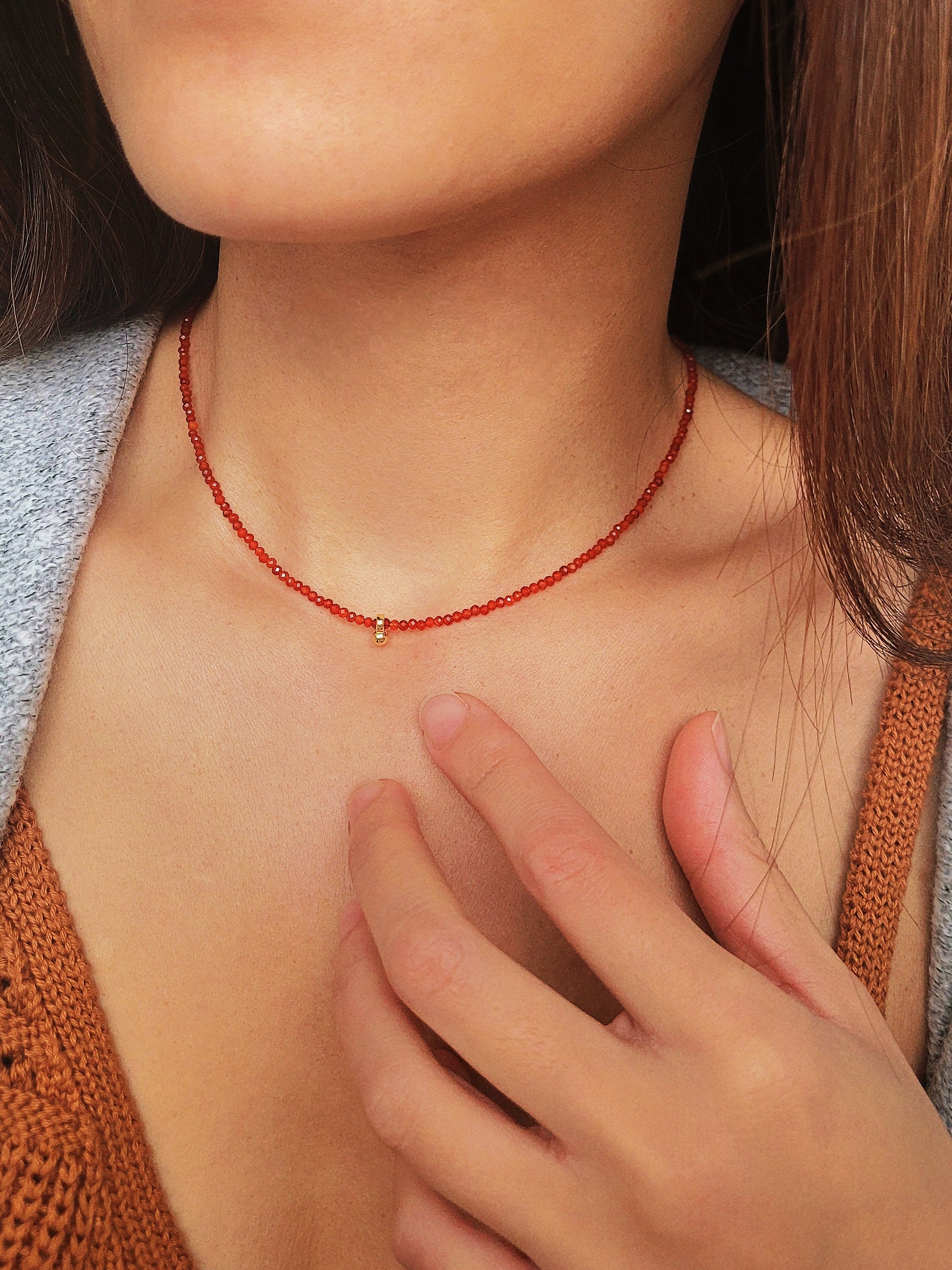 Dainty Red Agate Beaded Choker Necklace with a small gold charm, minimalist jewelry design. Valentines day gift for her.