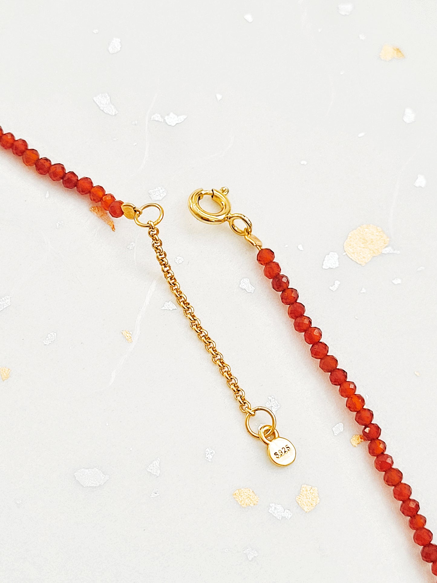 Dainty Red Agate Beaded Choker Necklace with a small gold charm, minimalist jewelry design. Valentines day gift for her.