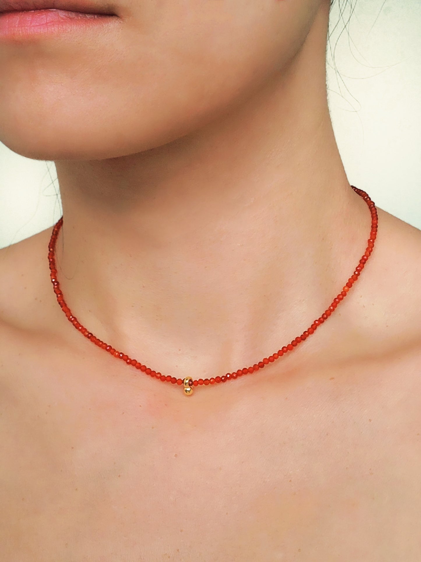 Dainty Red Agate Beaded Choker Necklace with a small gold charm, minimalist jewelry design. Valentines day gift for her.