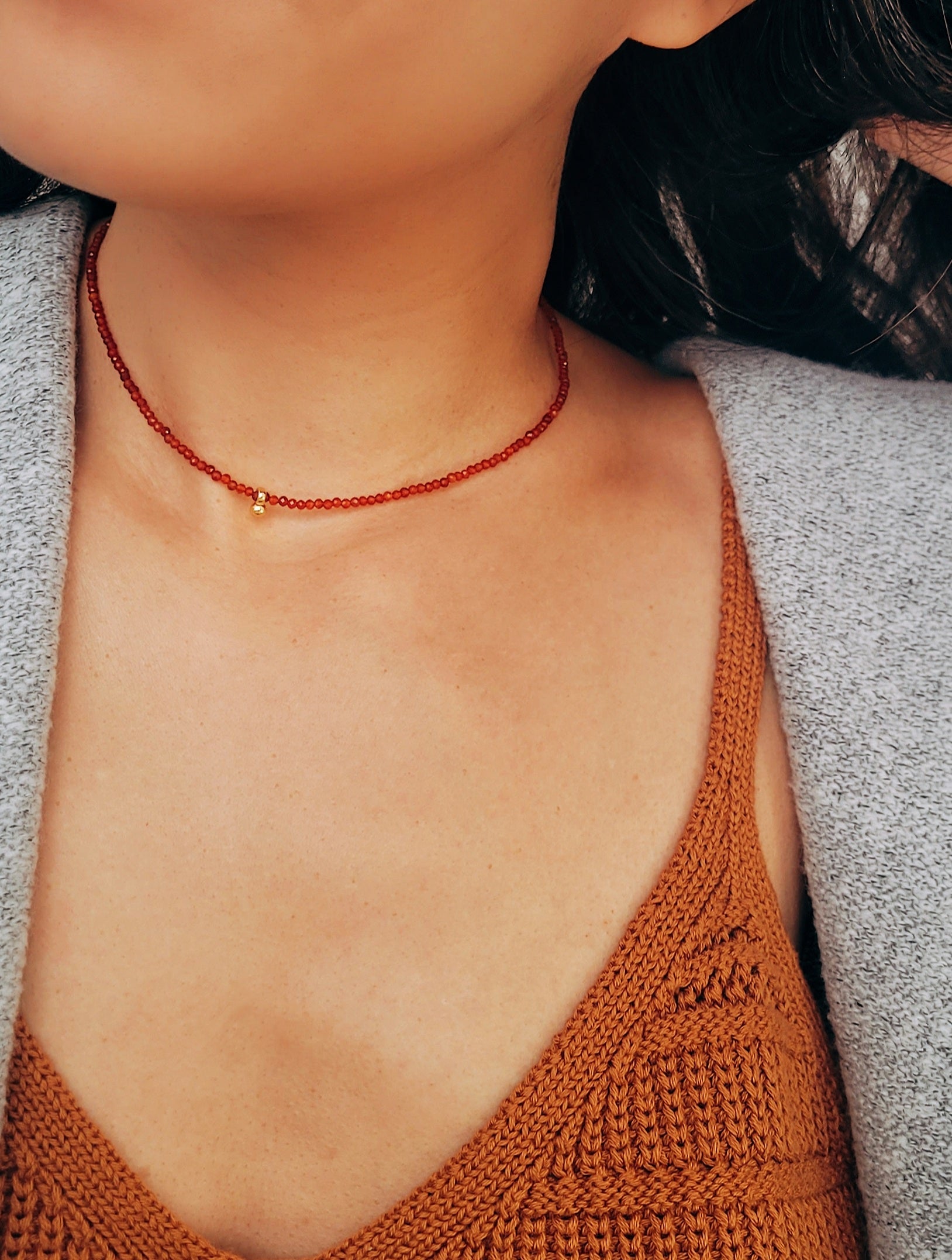 Dainty Red Agate Beaded Choker Necklace with a small gold charm, minimalist jewelry design. Valentines day gift for her.