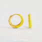Yellow hoop earrings with size measurements on a light gray background