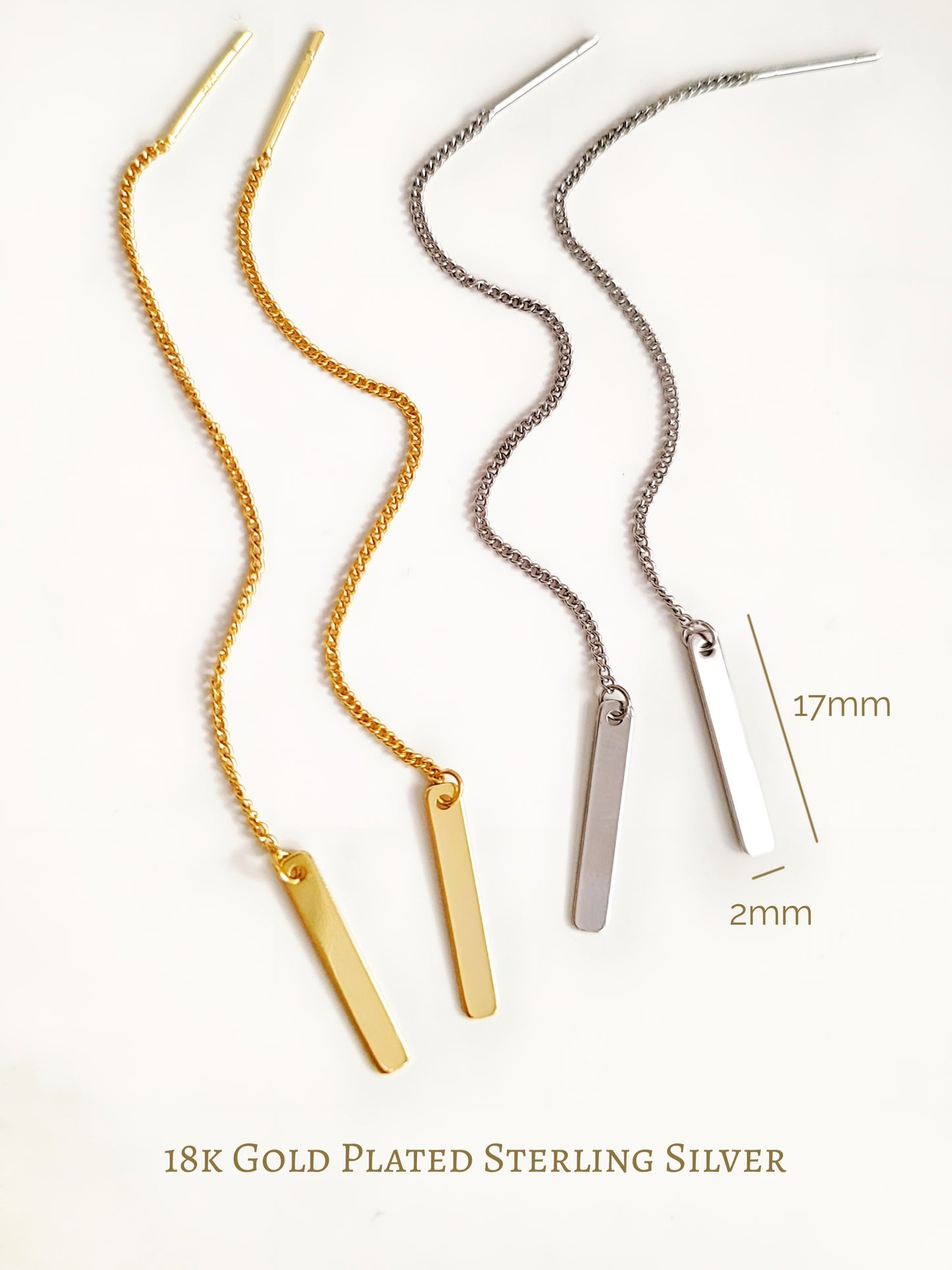 2 pairs of bar threader pull through earrings crafted in gold plated sterling silver displayed on a white surface with dimensions.