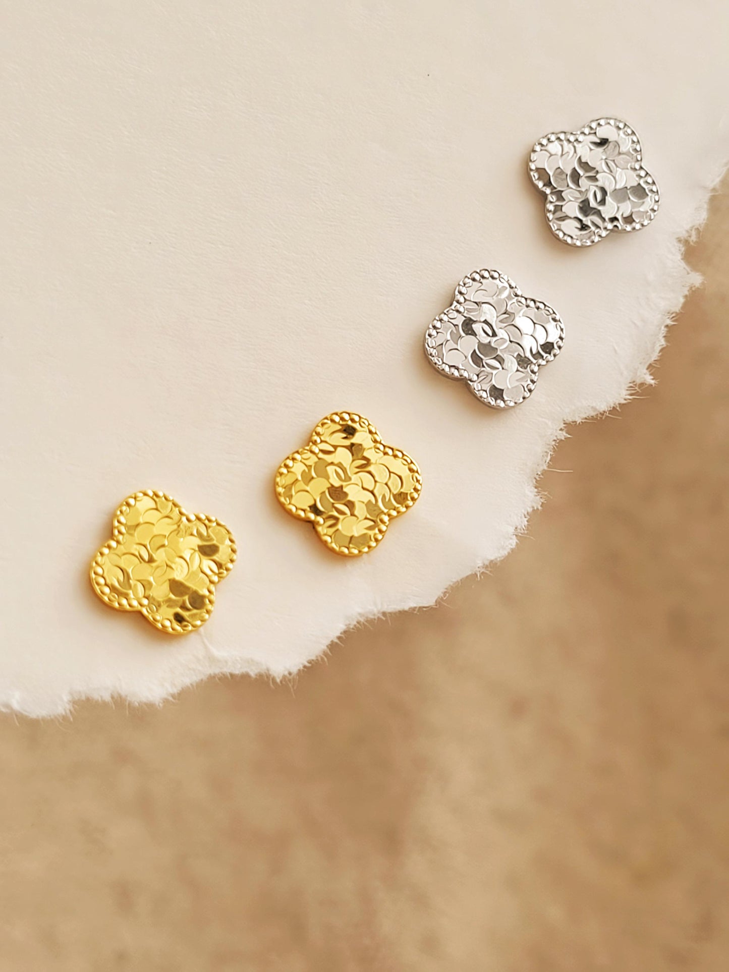 Clover stud earrings in gold vermeil and sterling silver, textured floral stud earrings, minimalist jewellery