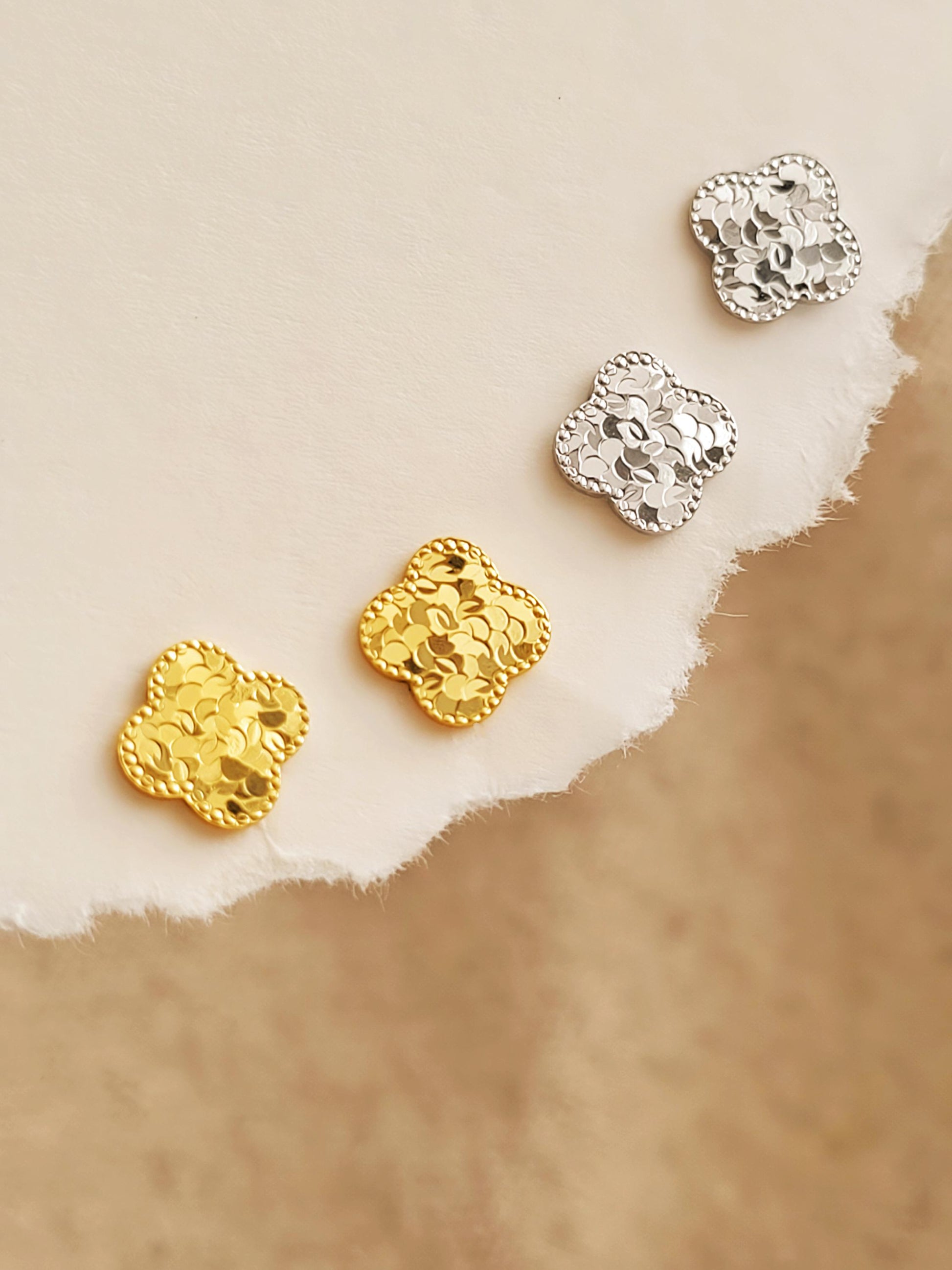 Clover stud earrings in gold vermeil and sterling silver, textured floral stud earrings, minimalist jewellery