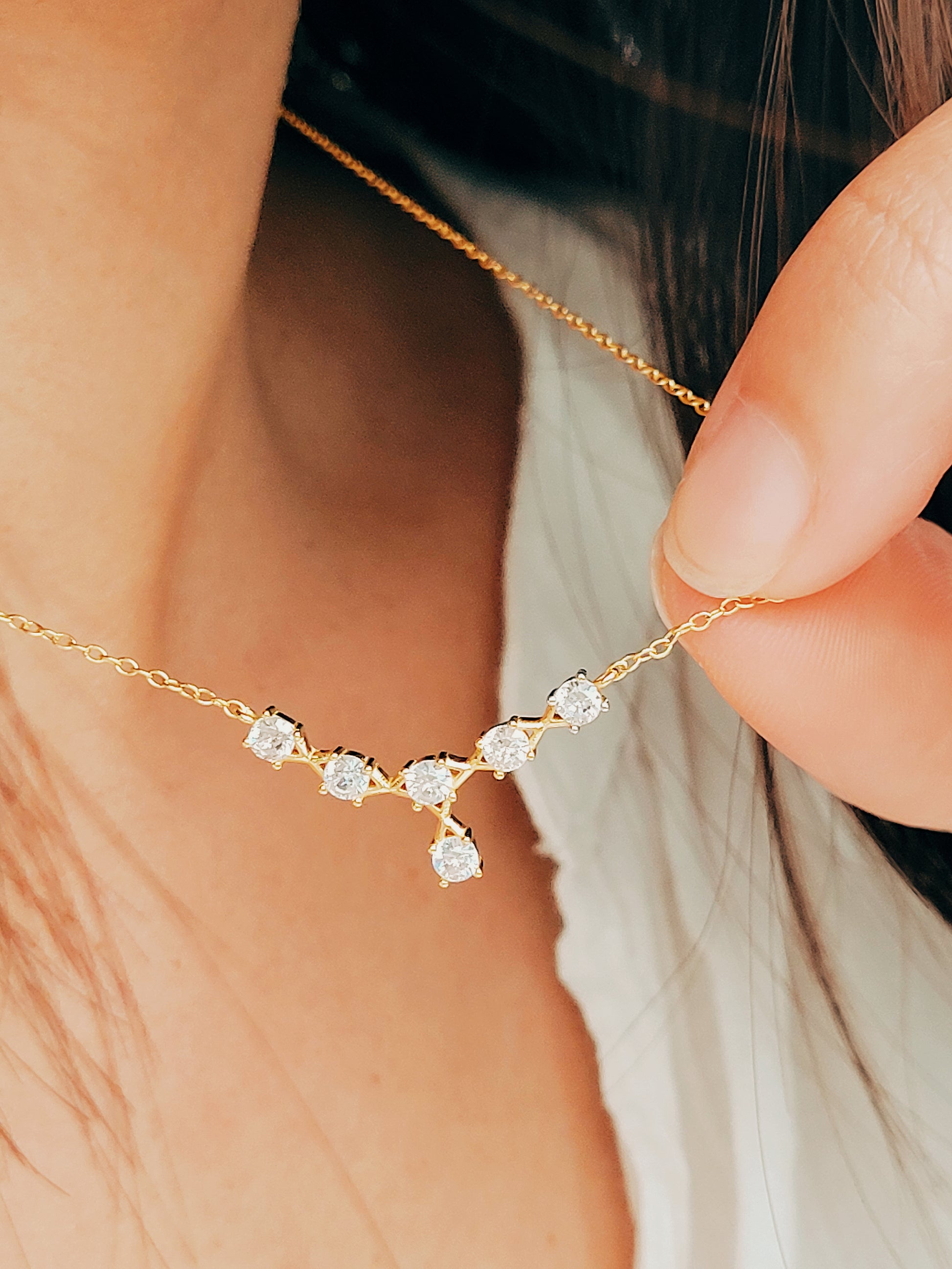 Elegant bridal necklace featuring gold and crystals, adding a regal touch to any outfit.