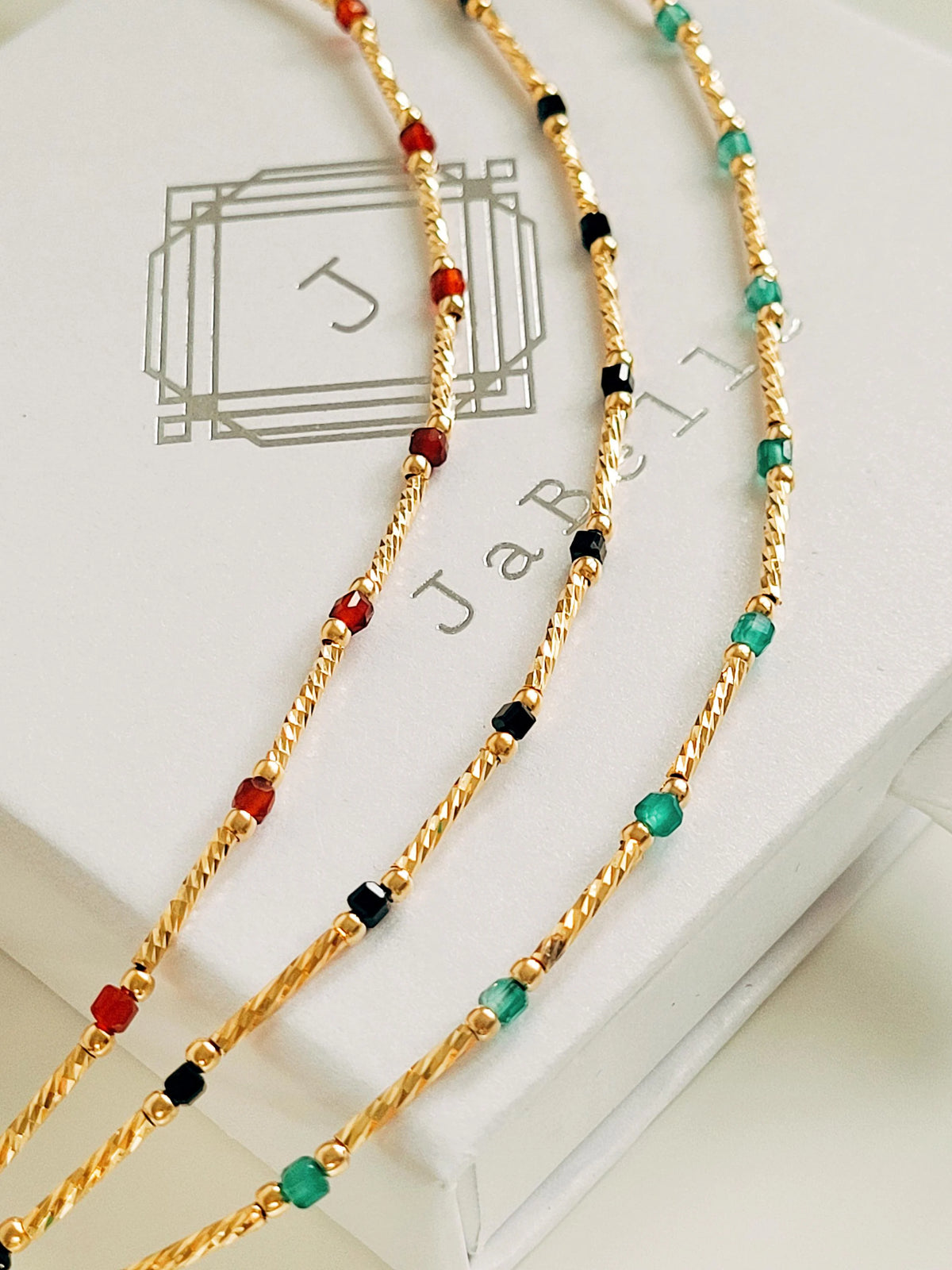 Elegant dainty necklace featuring 22k gold vermeil bars and onyx beaded gemstone in a minimalist design. Available in green onyx, red onyx and black onyx. Crafted in 22k gold plated over sterling silver and natural gemstone. Perfect gift for her.