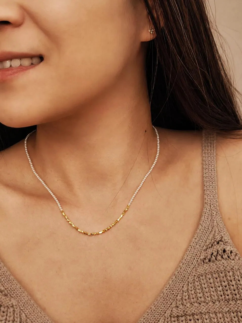 Gold Nugget Pearl Beaded Necklace