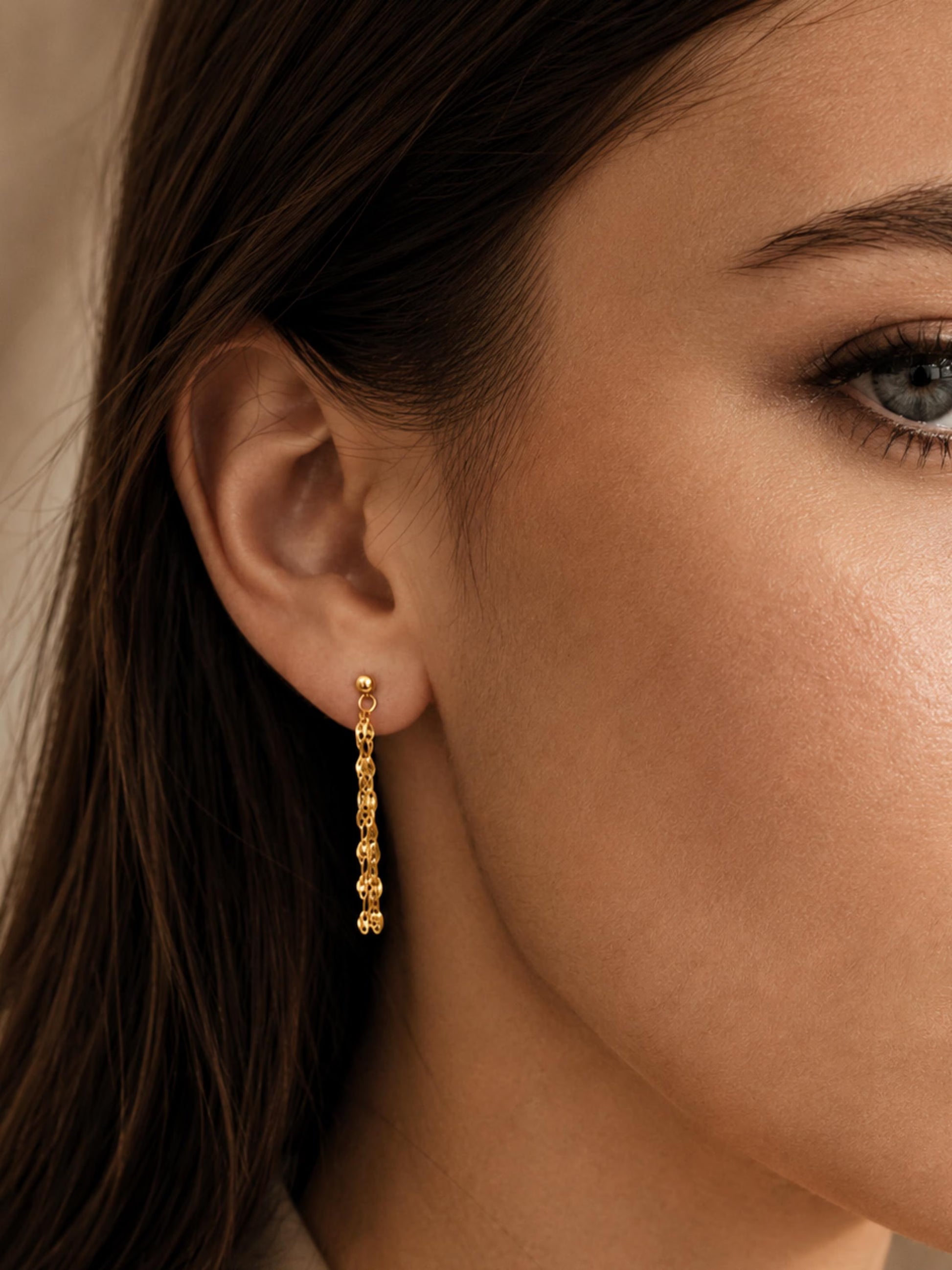 Model wearing a delicate gold vermeil tassel earring featuring multiple fine, shimmering flat-link chains that drape elegantly from a classic gold ball stud.