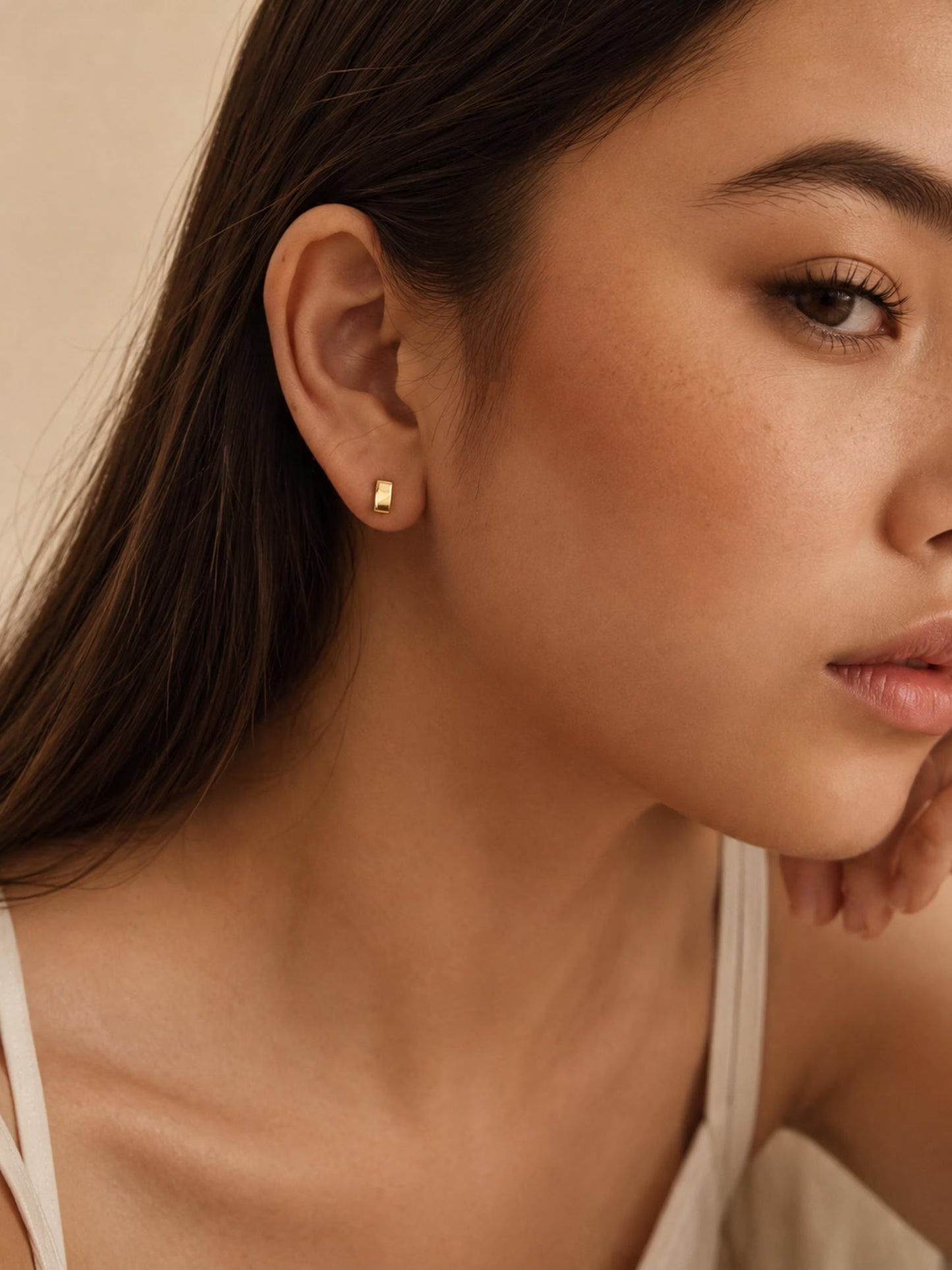 Minimal bar stud earrings crafted in gold plated 925 sterling silver worn, dainty gold rectangle stud earrings minimalist everyday jewellery