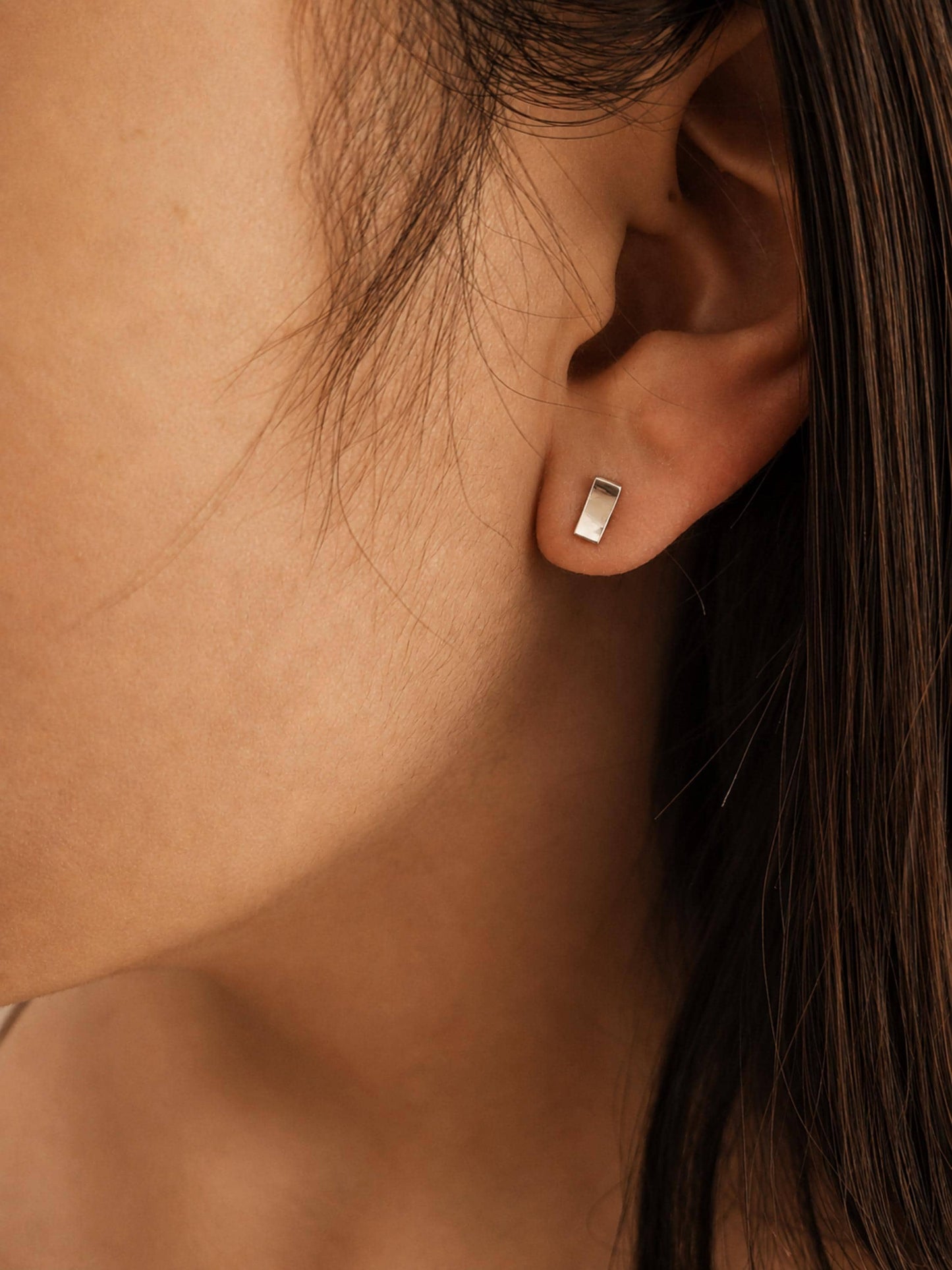 Minimal bar stud earrings crafted in 925 sterling silver worn, dainty gold rectangle stud earrings minimalist everyday jewellery