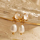 A pair of dainty gold stud earrings with moonstone and freshwater pearl drop crafted in 18k gold vermeil, minimalist wedding jewellery.