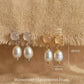Set of Moonstone stud pearl drop earrings in gold vermeil and silver dainty bridal earrings on a beige background, with detailed dimensions. Perfect gift for bridesmaids.