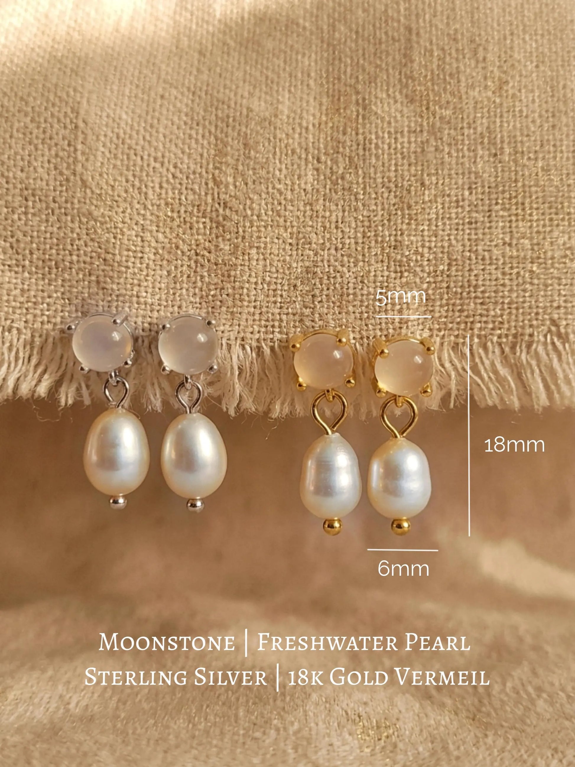Set of Moonstone stud pearl drop earrings in gold vermeil and silver dainty bridal earrings on a beige background, with detailed dimensions. Perfect gift for bridesmaids.