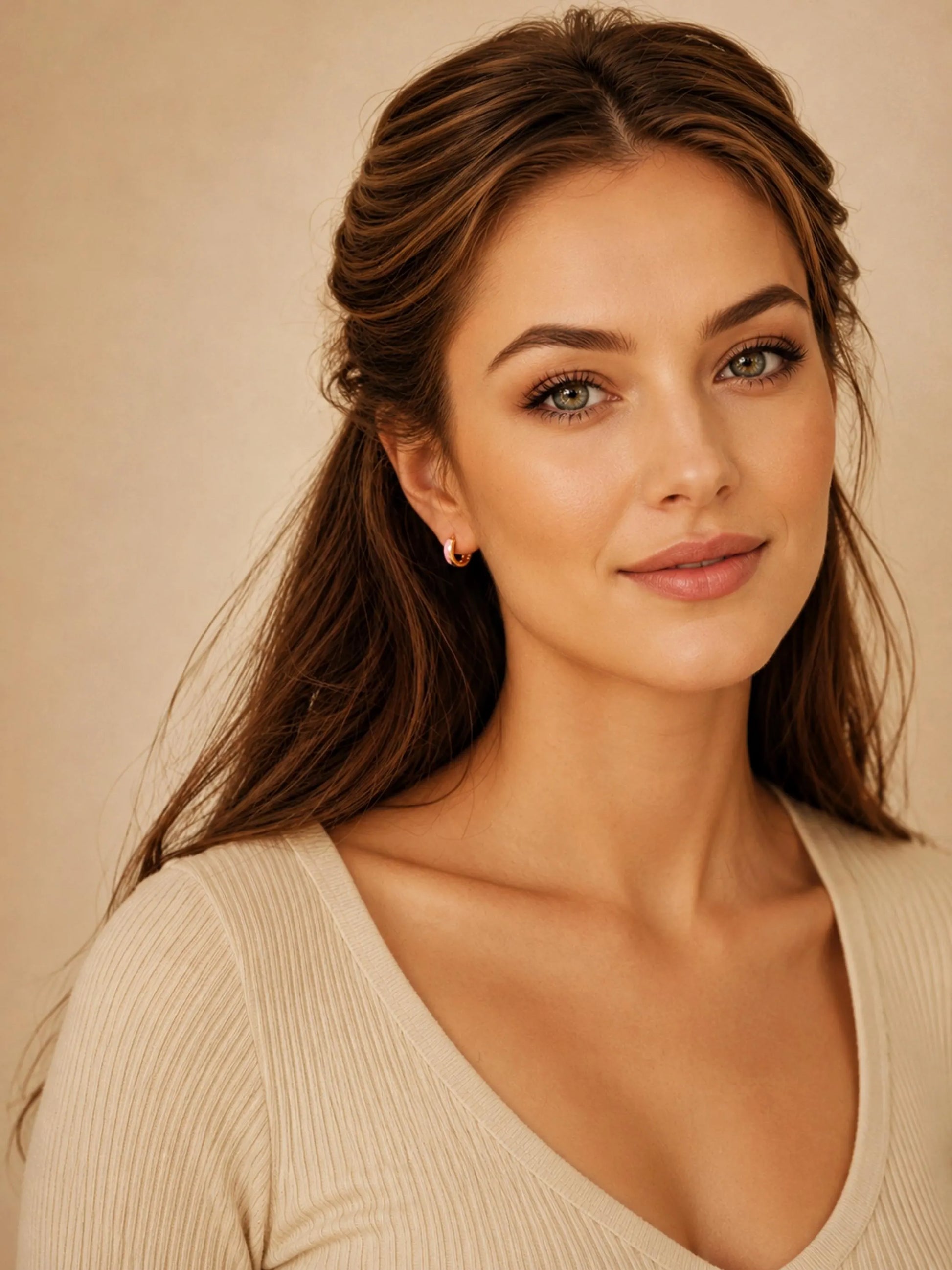 Model wearing pink enamel huggie hoop earrings in gold vermeil, dainty minimalist small gold hoop earrings.