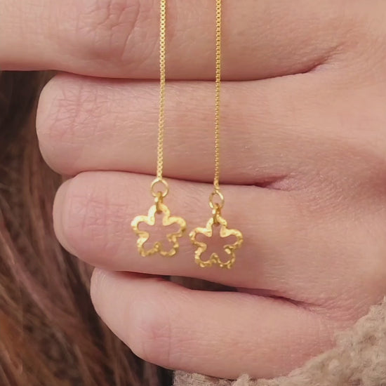 Gold flower threader earrings in gold plated sterling silver, dainty minimalist drop earrings