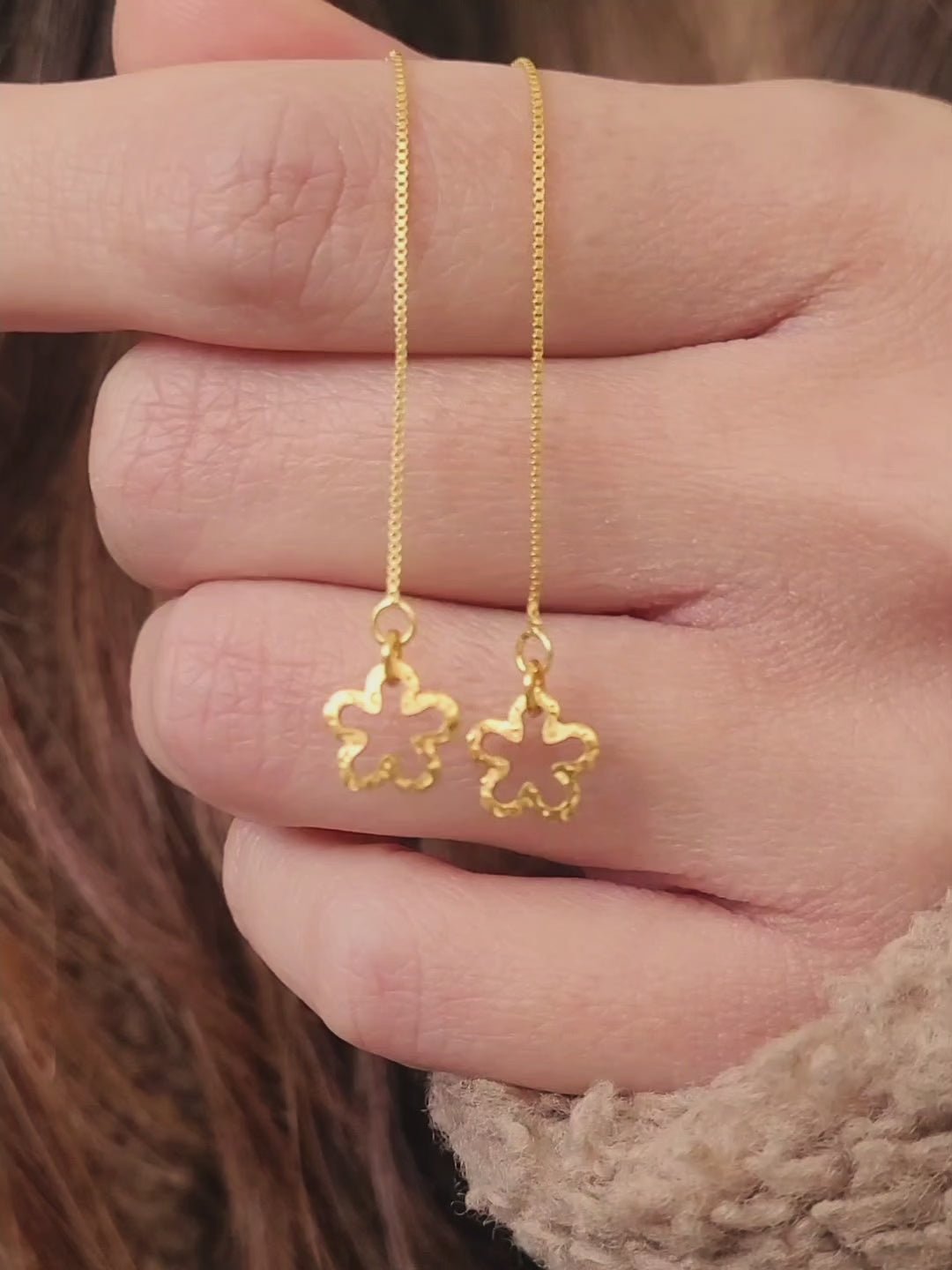 Gold flower threader earrings in gold plated sterling silver, dainty minimalist drop earrings