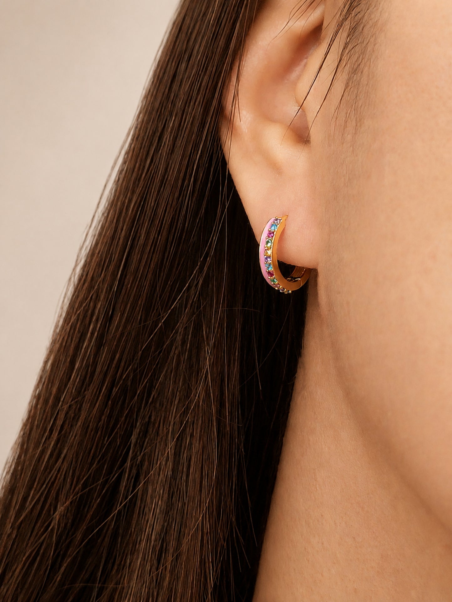 Pink Enamel Rainbow Crystal Huggie Hoops