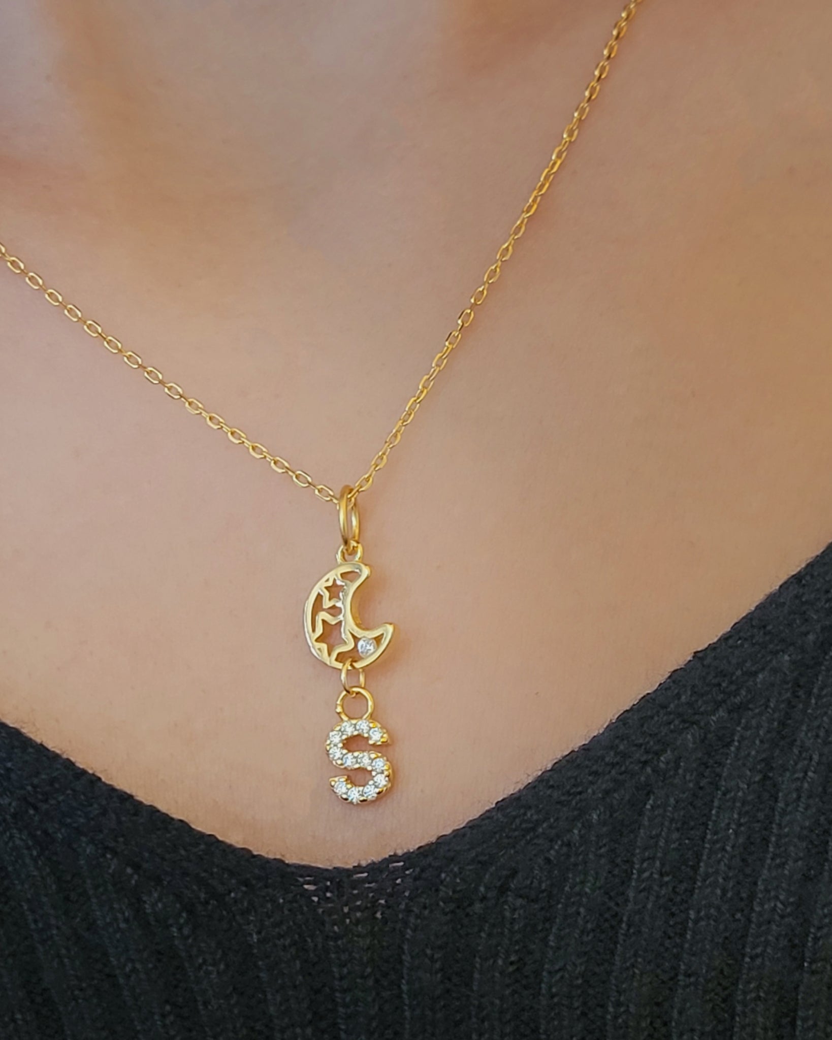 pesonalised initial necklace with Crescent Pendant