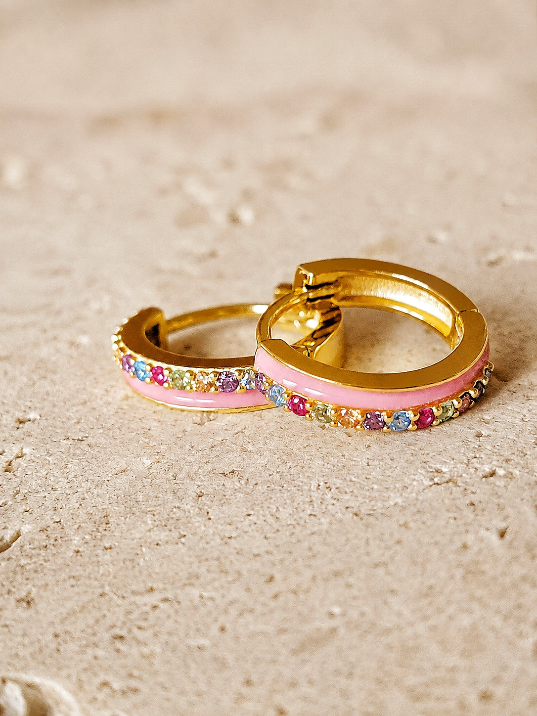 Pink Enamel Rainbow Crystal Huggie Hoops