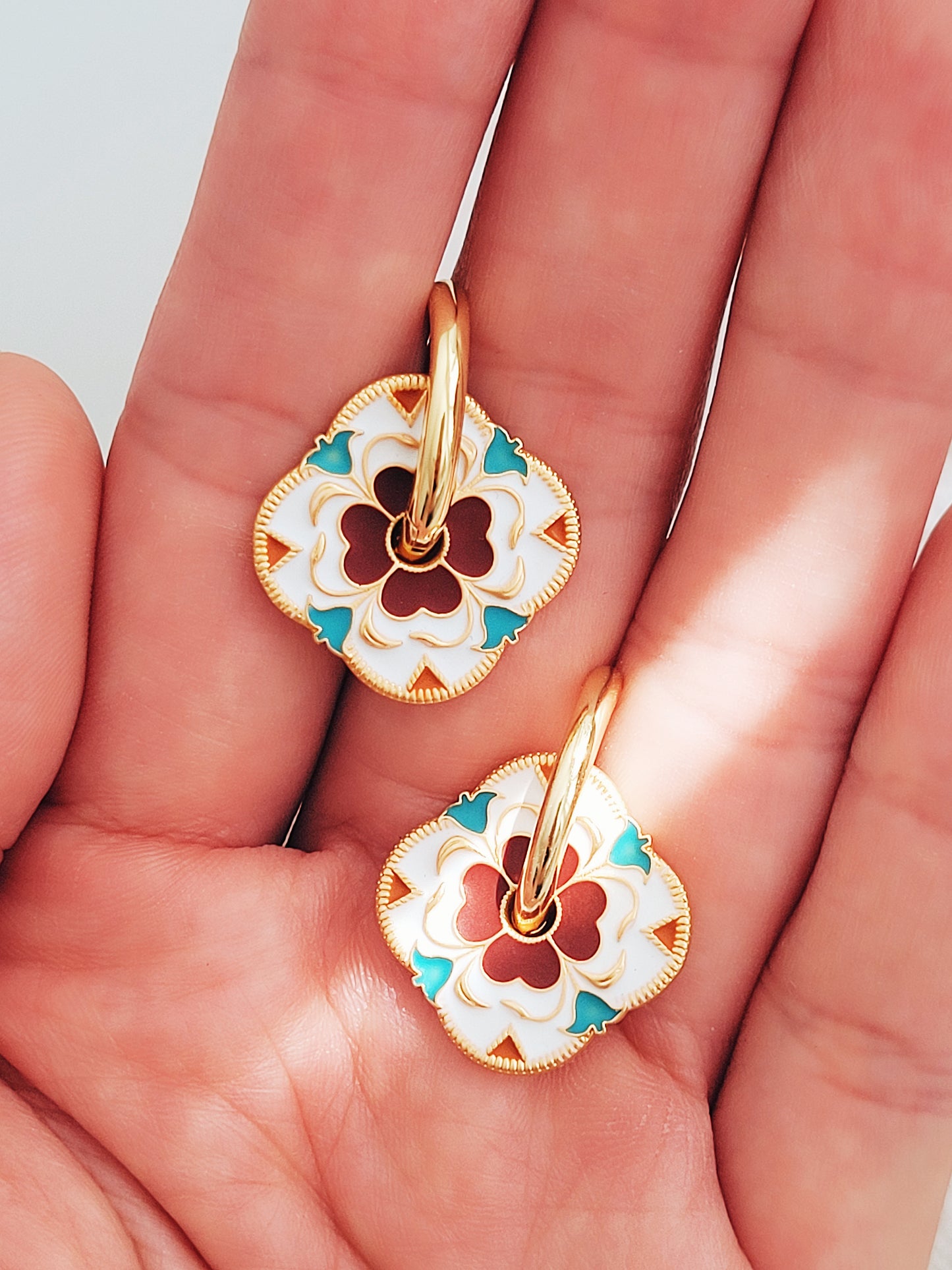 Retro Tile Flower Hoop Earrings