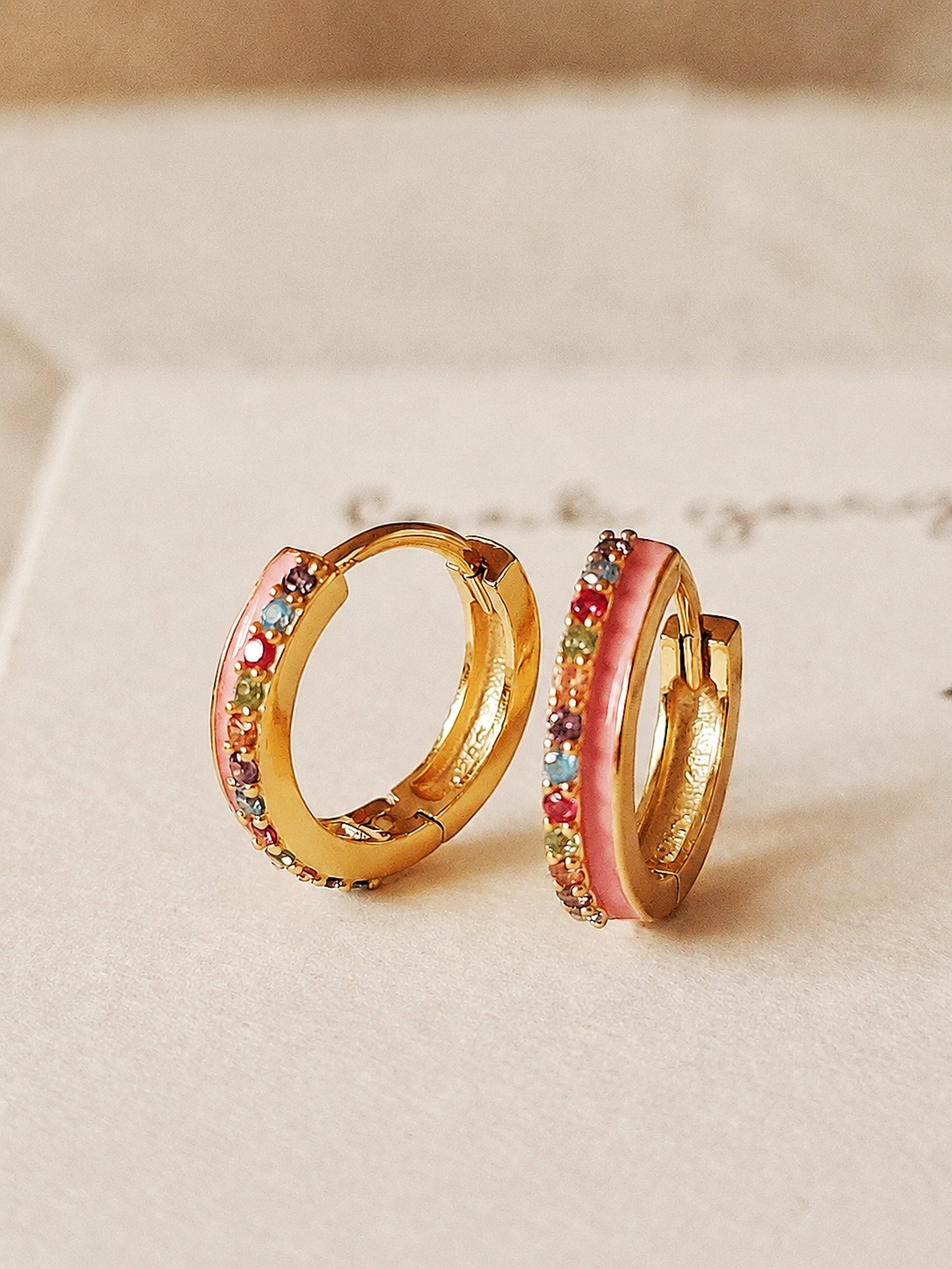 Pink Enamel Rainbow Crystal Huggie Hoops