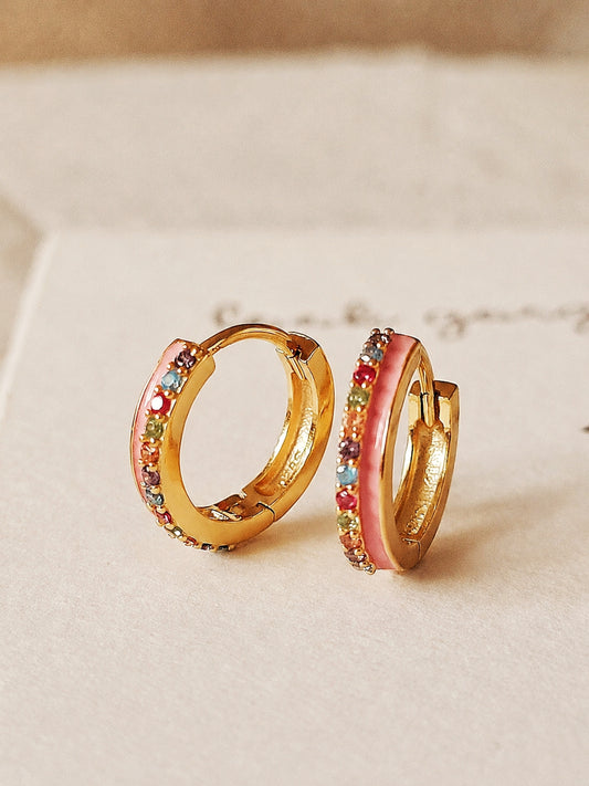 Pink Enamel Rainbow Crystal Huggie Hoops