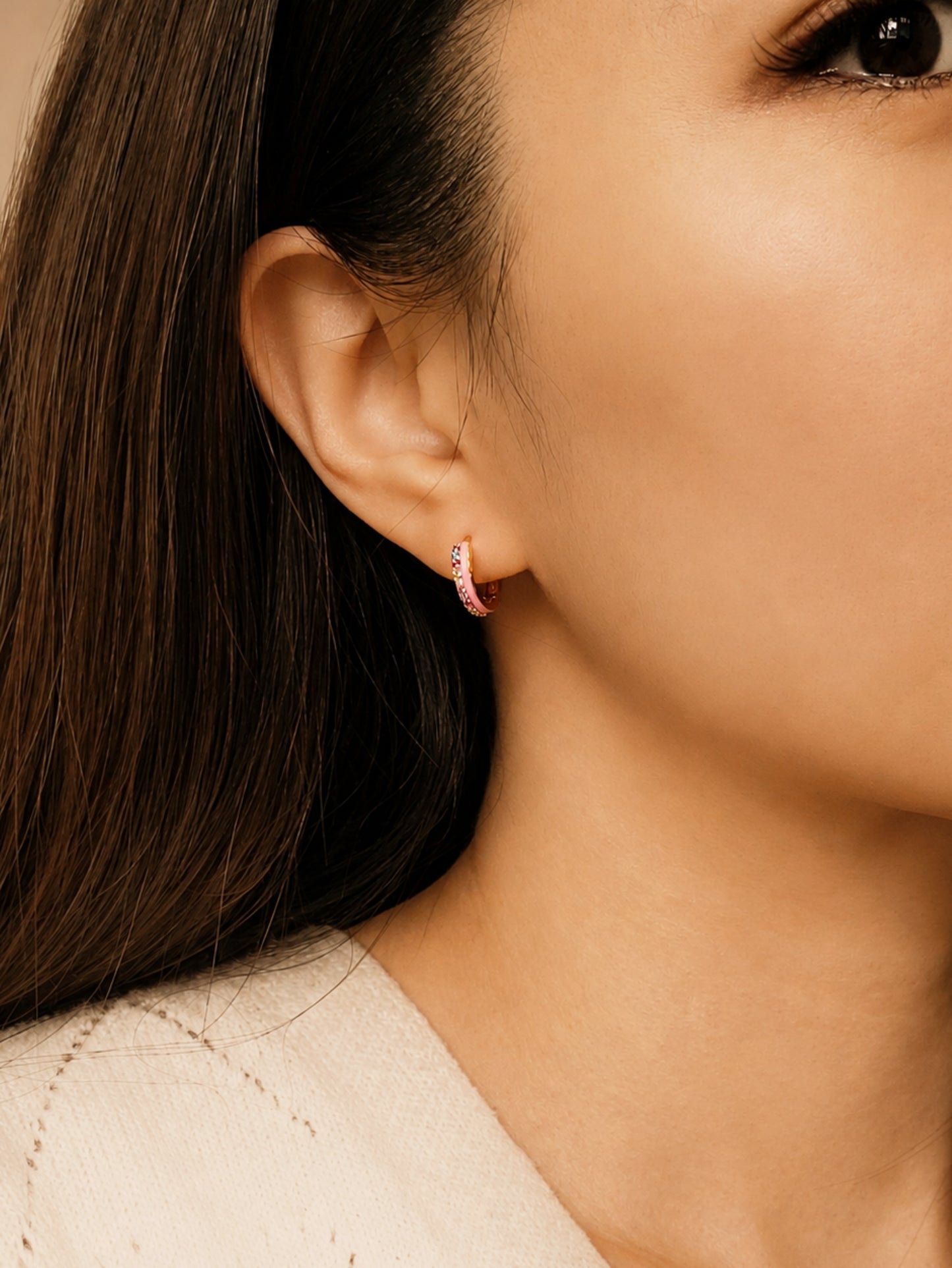 Pink Enamel Rainbow Crystal Huggie Hoops