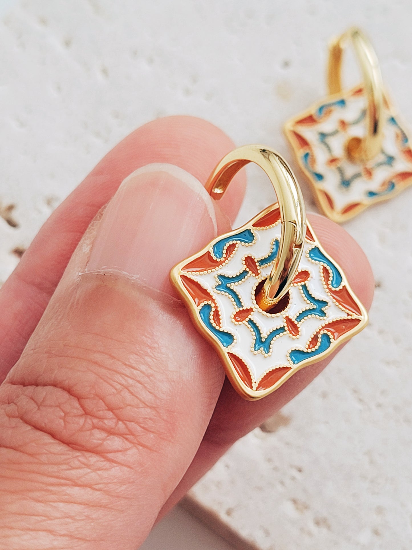 Retro Tile Pattern Enamel Earrings