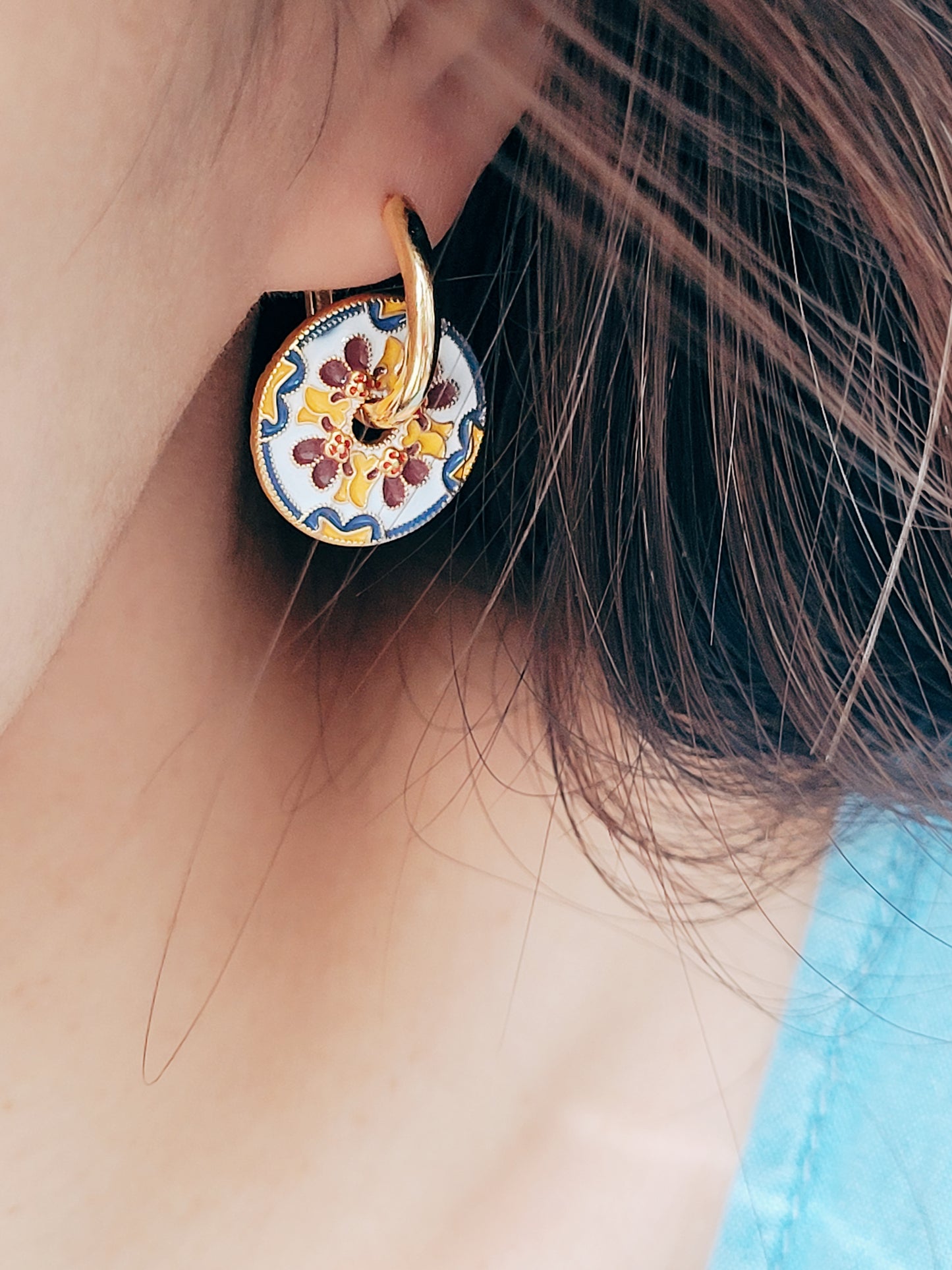 Victorian Enamel Flower Hoop Earrings