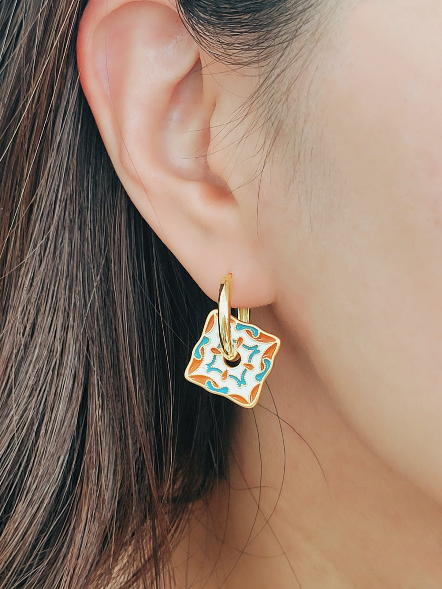 Retro Tile Pattern Enamel Earrings