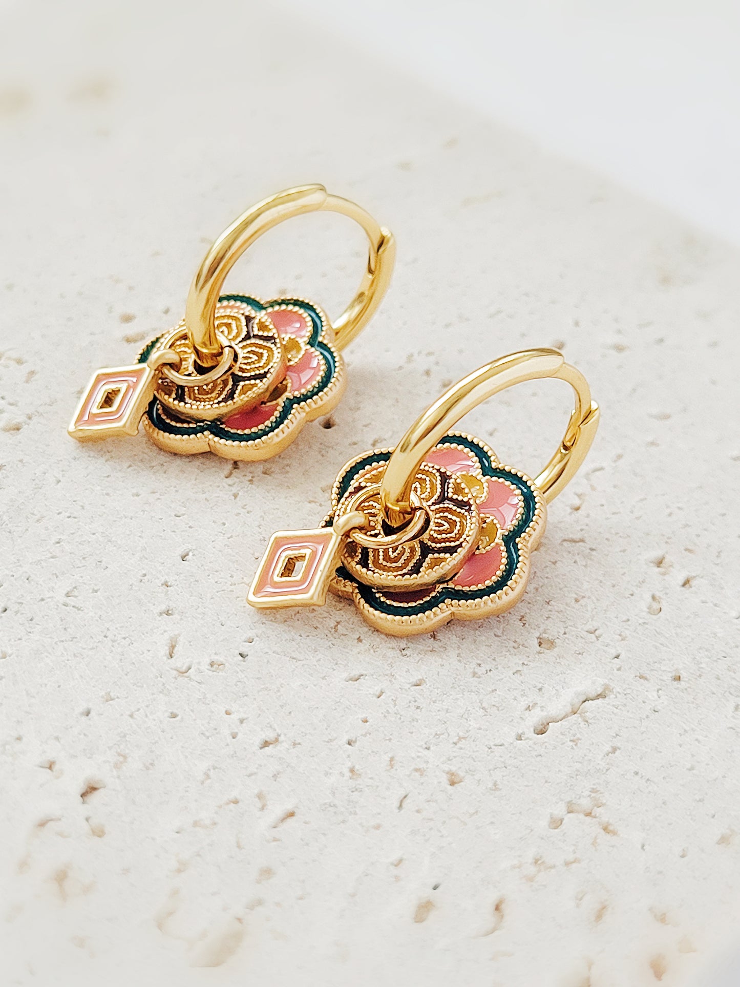 Pink Flower Enamel Earrings