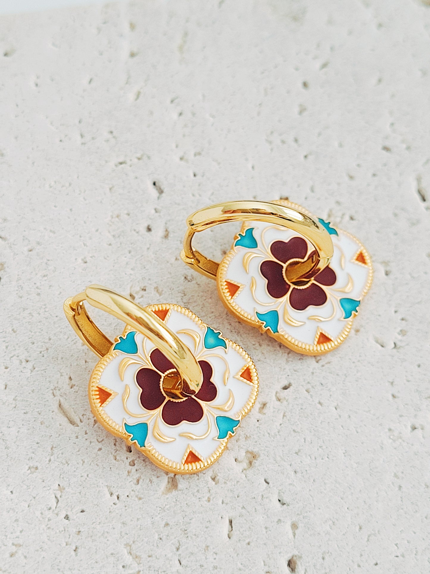 Retro Tile Flower Hoop Earrings