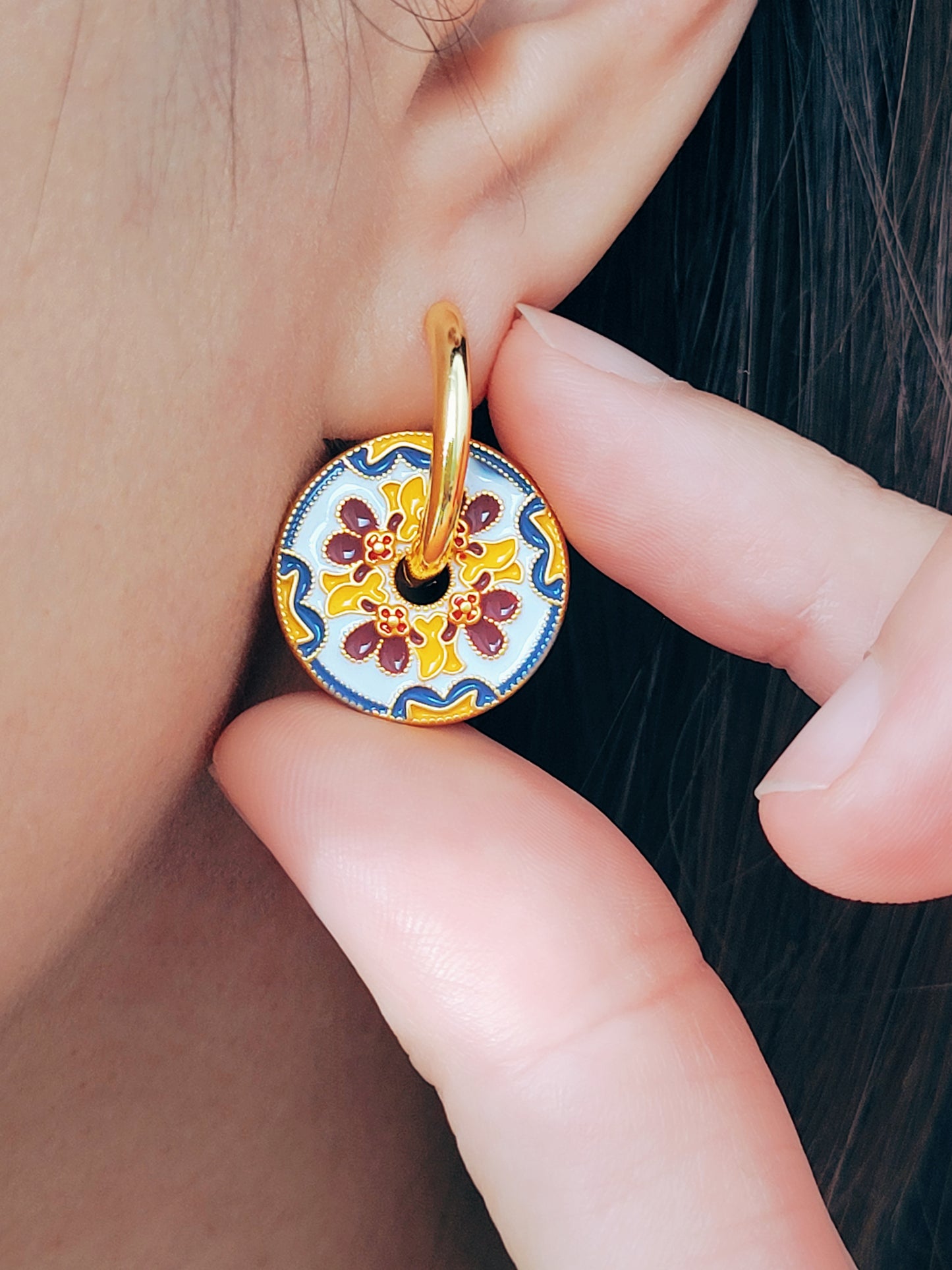 Victorian Enamel Flower Hoop Earrings