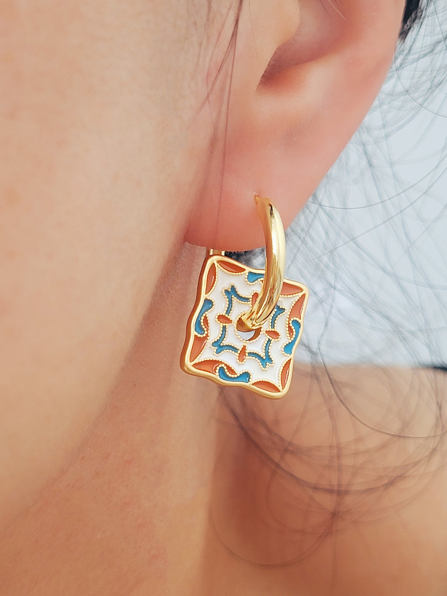 Retro Tile Pattern Enamel Earrings