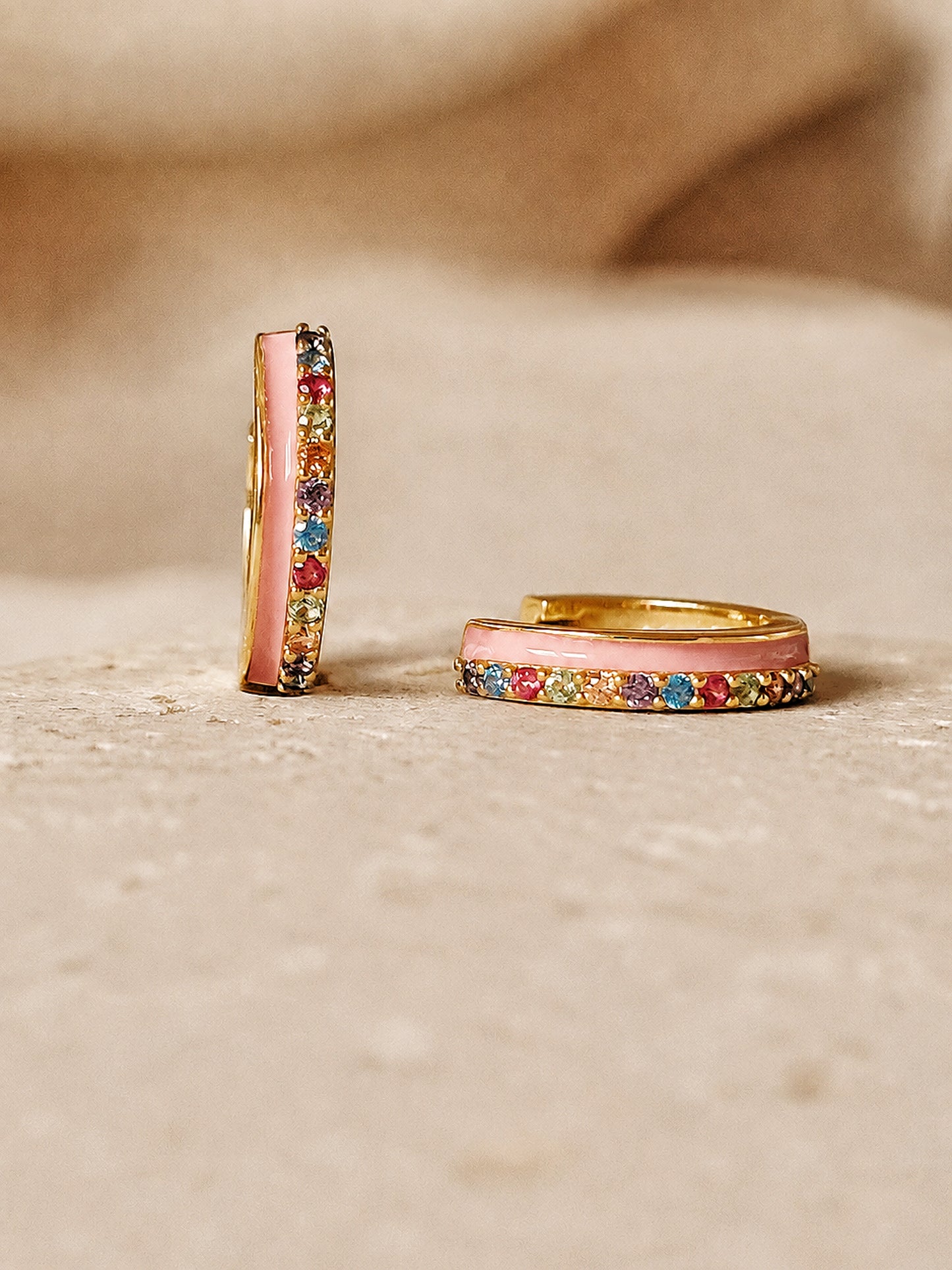 Pink Enamel Rainbow Crystal Huggie Hoops