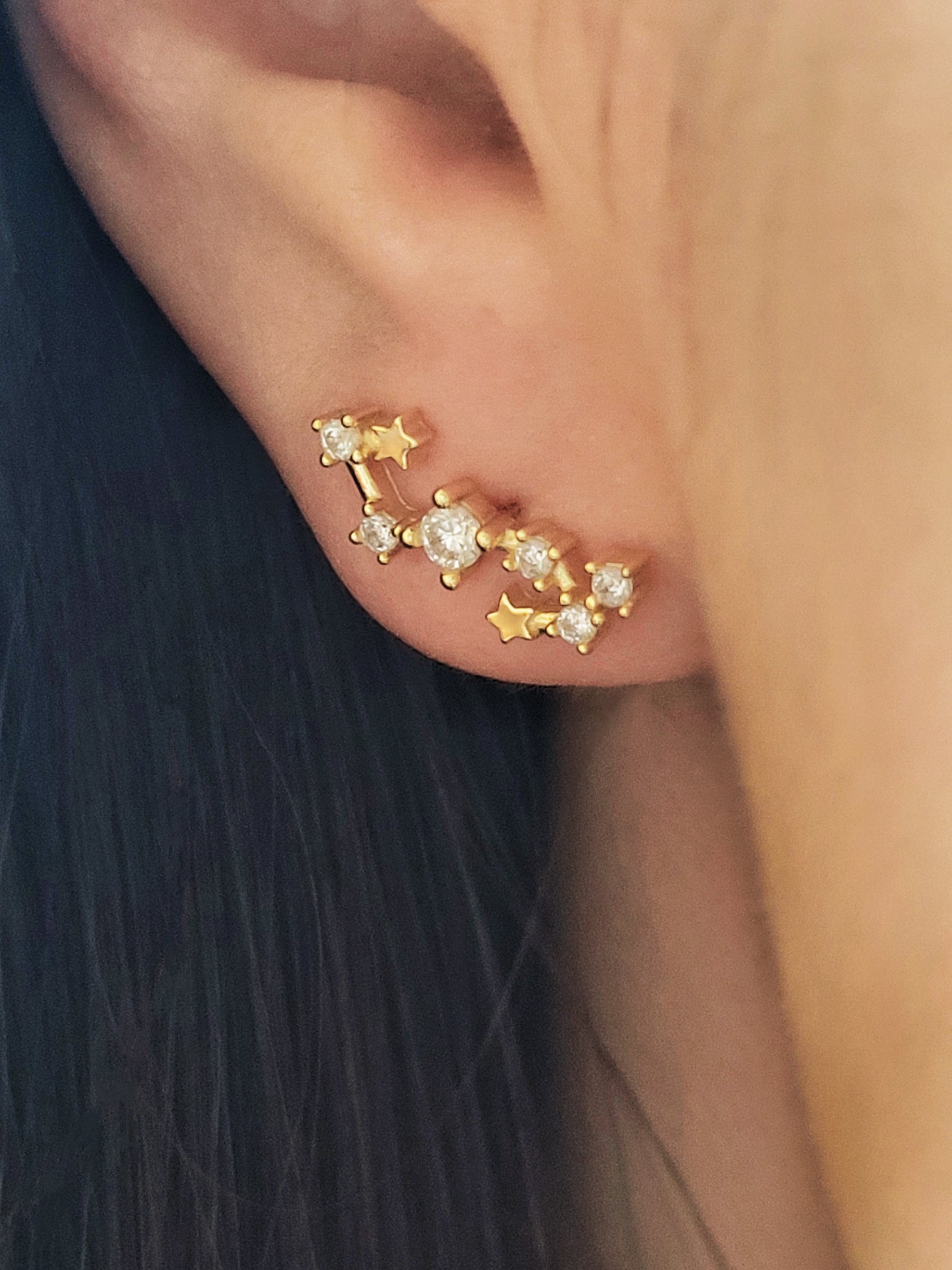 Close-up of a woman wearing a dainty gold Scorpio earrings, showcasing the luxury aesthetic and pendant scale. Crafted in gold plated sterling silver, perfect jewellery gift for her. 