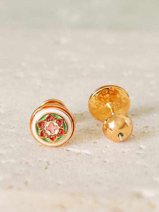 Gold-plated enamel stud earrings with vintage-inspired floral design in pink, green, and red, styled after classic Gothic ceramic tiles.